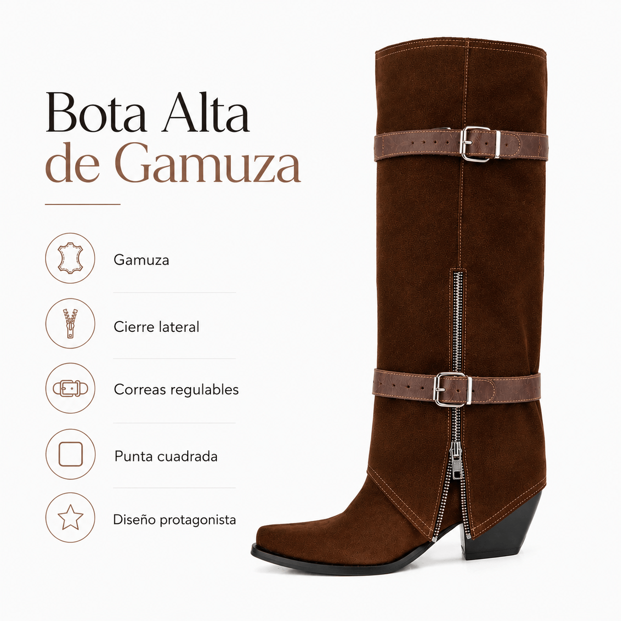 Bota texana alta de gamuza con cierres y hebillas — imagen 2
